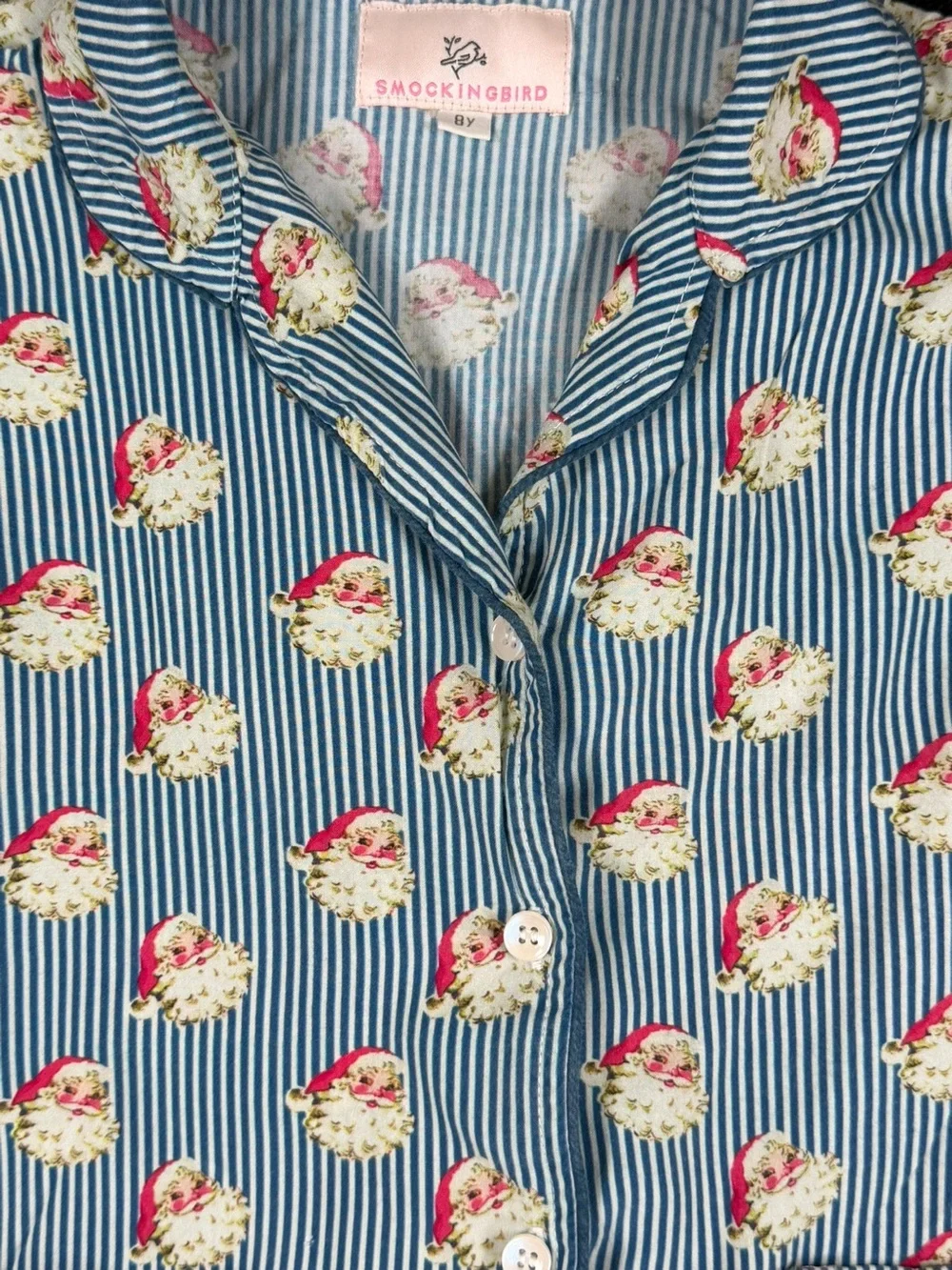 SMOCKINGBIRD Navy Striped Vintage Santa Button Down Pajama Set - 8